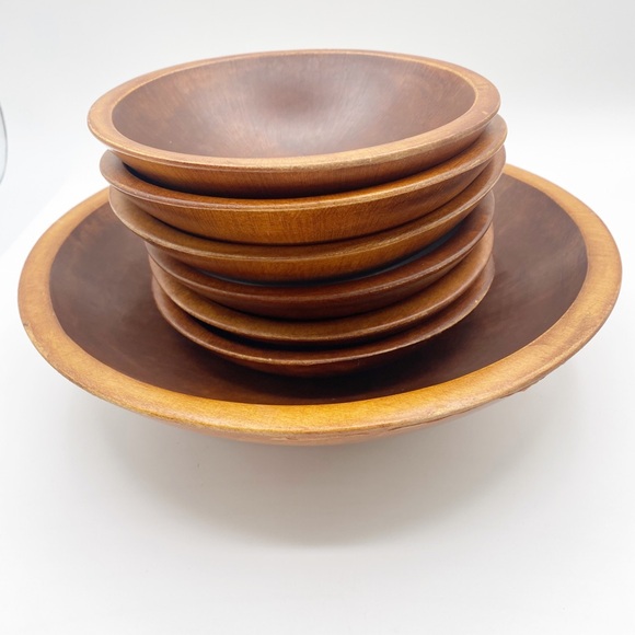 Wooden Salad Bowls Cute Set of Seven 11” Serving Bowl & Six 7” Small Bowl - Picture 2 of 15